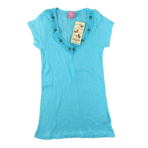 Crochet Top V-Neck Blue Short Sleeve V-Neck 100% Cotton Womens Size S JH1804 - Picture 1 of 6